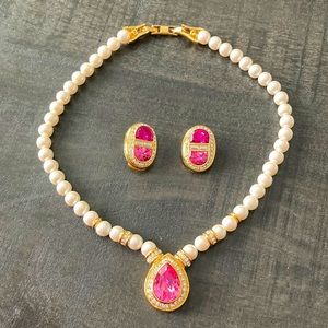 Vintage Oscar de la Renta faux pearl and pink crystal pendant necklace set